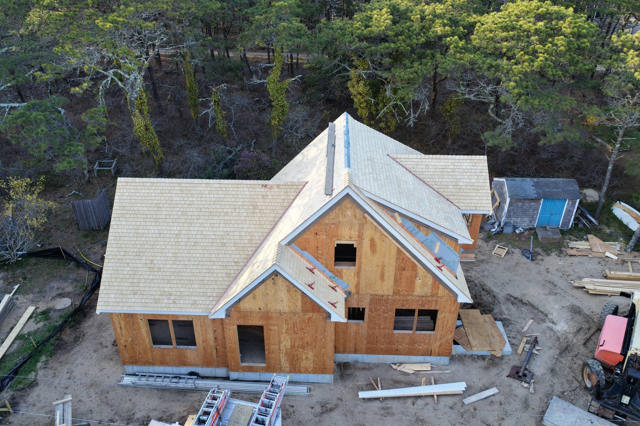 Yellow cedar roof installation - view 1
