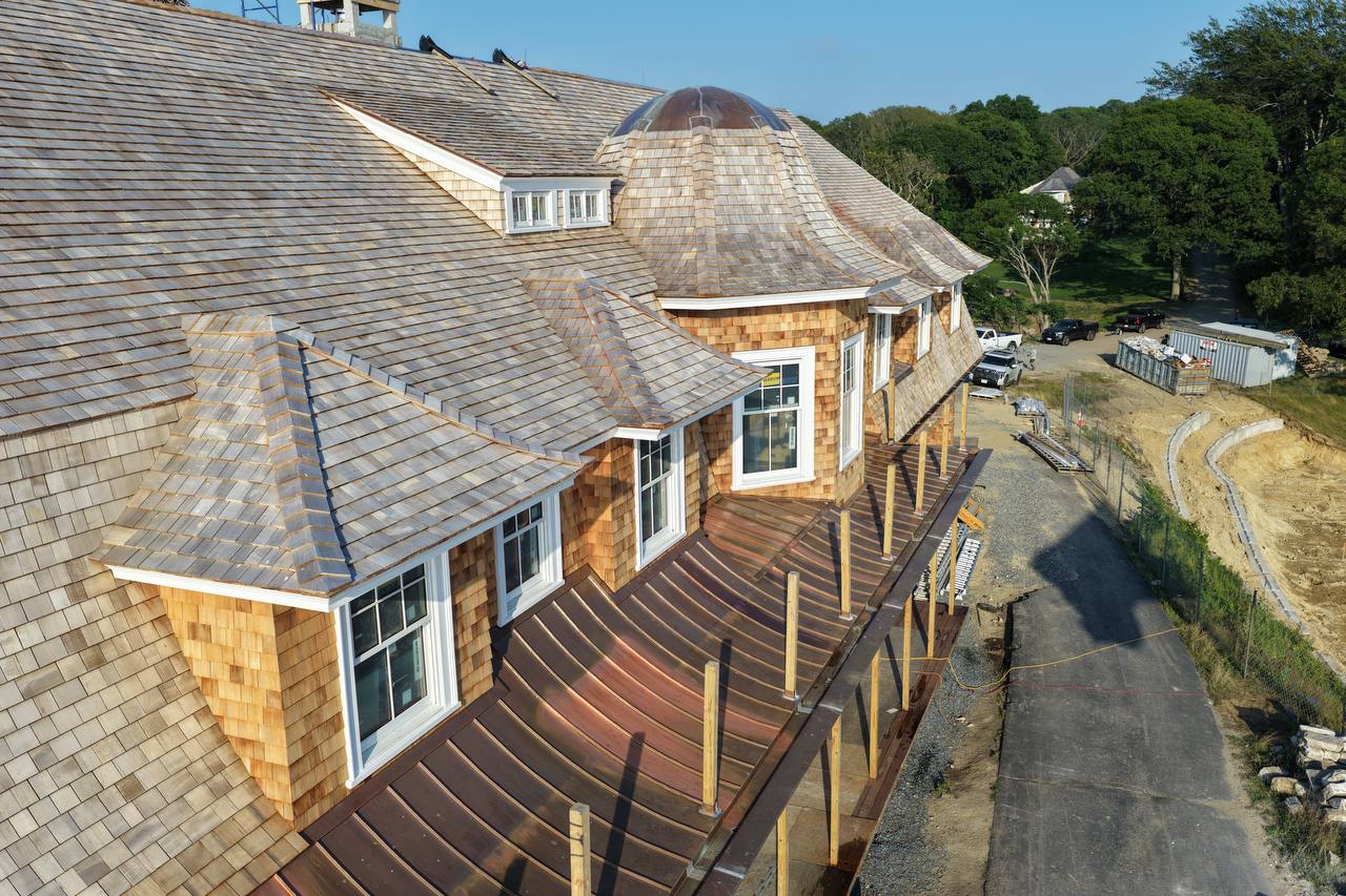 Cedar shingle and copper roof texture